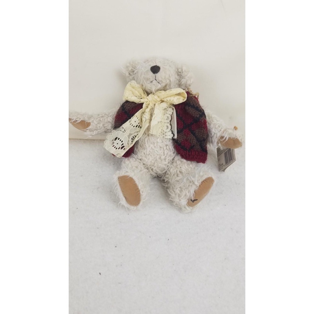 Teddy Bear GANZ cottage collectible Stuffed White Red argyle vest jointed Vntg
